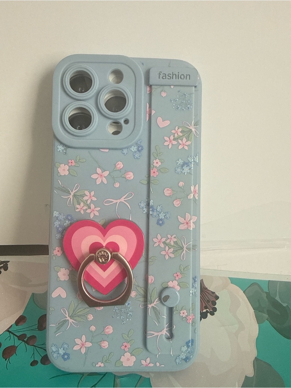iPhone 16 Pro Max Floral Case Heart Ring Holder Wrist Strap Coquette